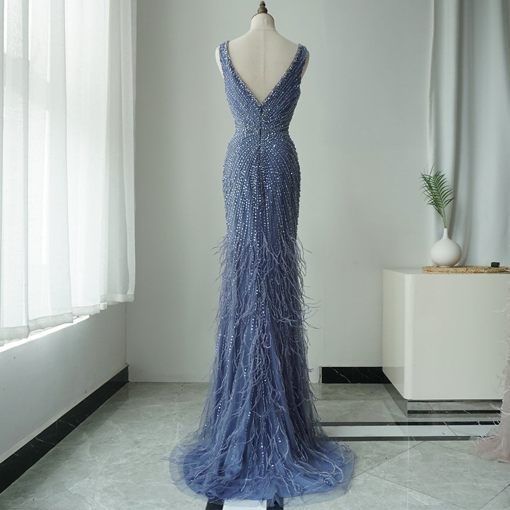 2025 Blue Spaghetti Strap Luxury Dubai Evening Gowns with Feathers and Beading for Women Wedding Party