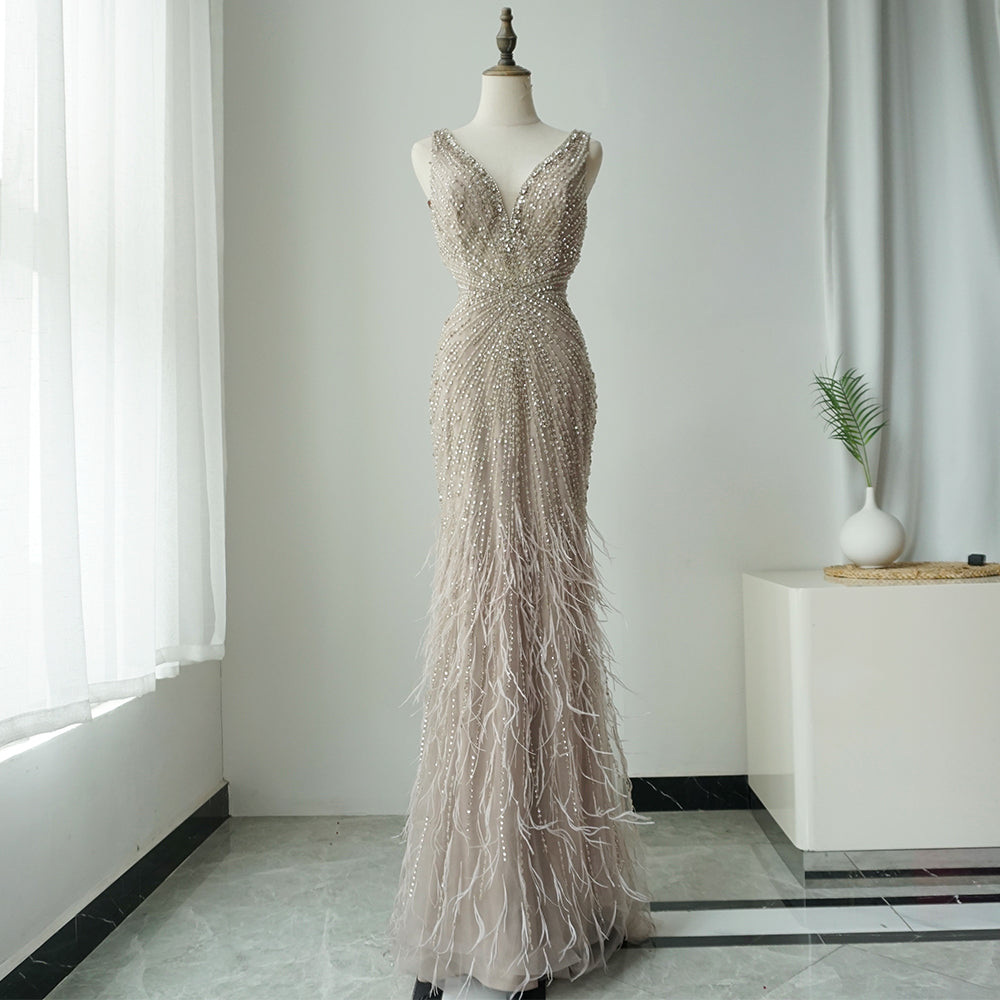 2025 Blue Spaghetti Strap Luxury Dubai Evening Gowns with Feathers and Beading for Women Wedding Party