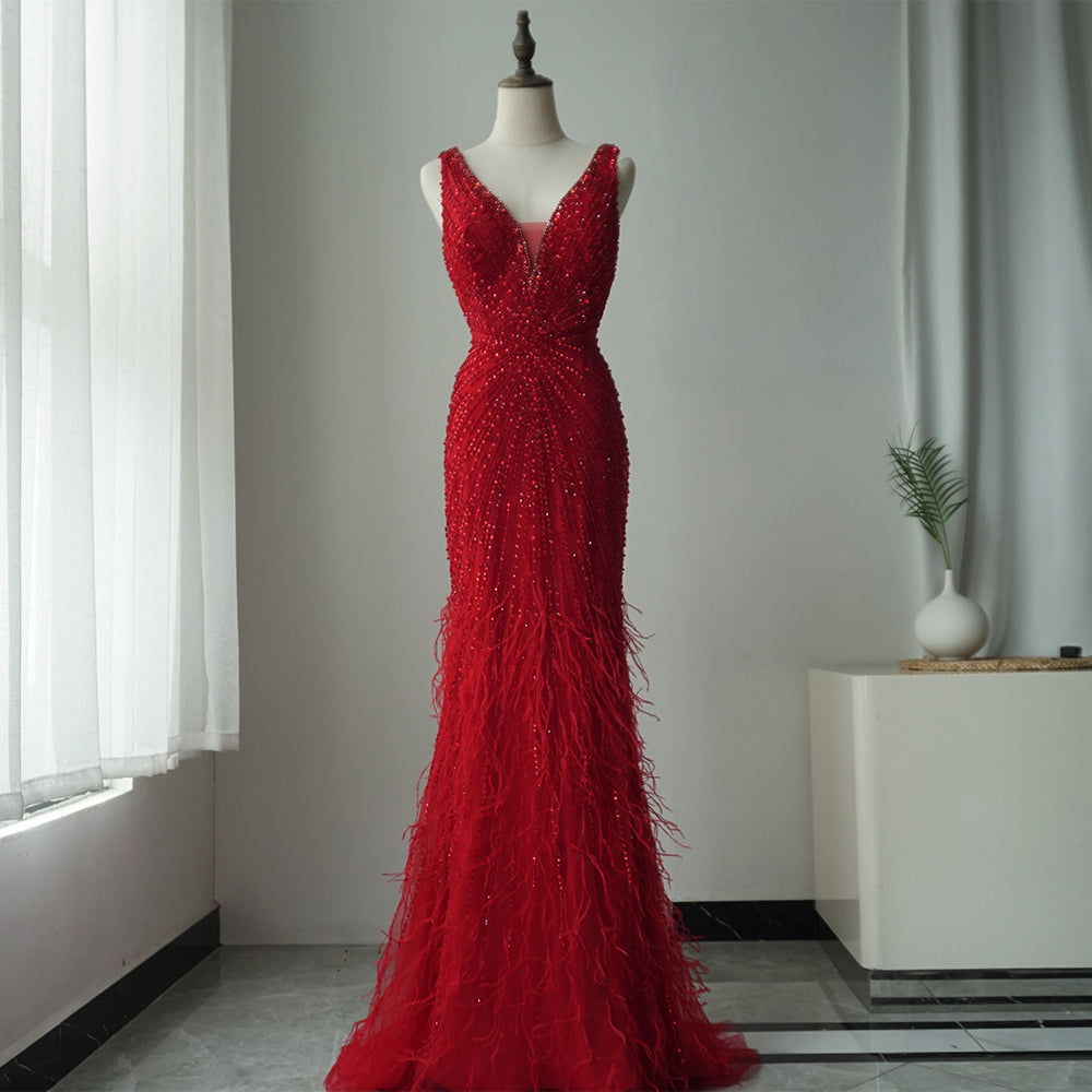 2025 Blue Spaghetti Strap Luxury Dubai Evening Gowns with Feathers and Beading for Women Wedding Party