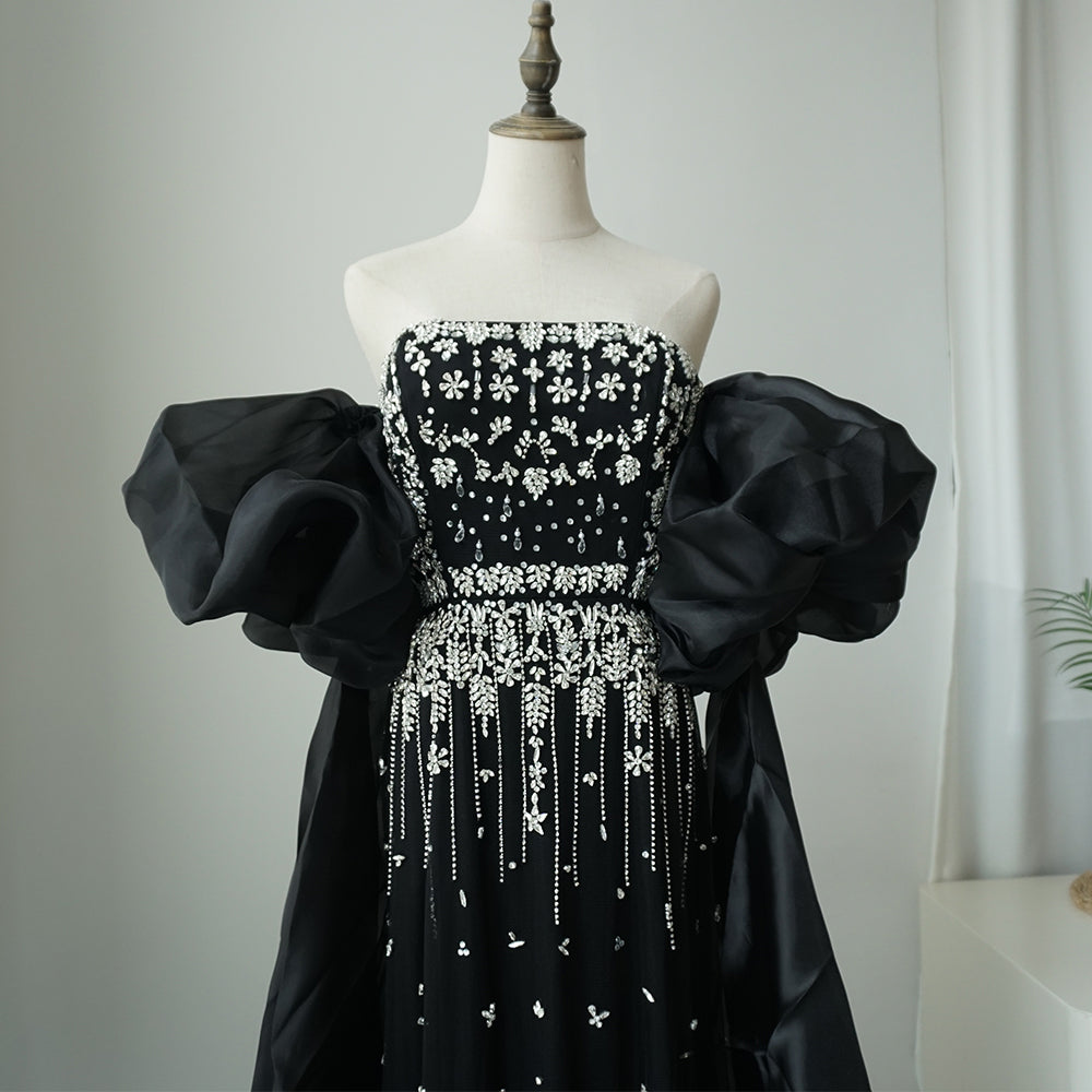 2025 Black Beaded Mermaid Evening Dresses Gowns with Puff Sleeves Overskirt for Formal Occasion
