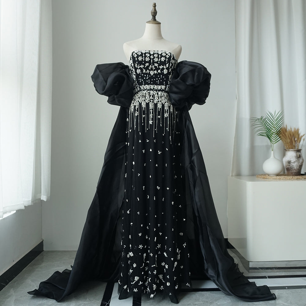 2025 Black Beaded Mermaid Evening Dresses Gowns with Puff Sleeves Overskirt for Formal Occasion