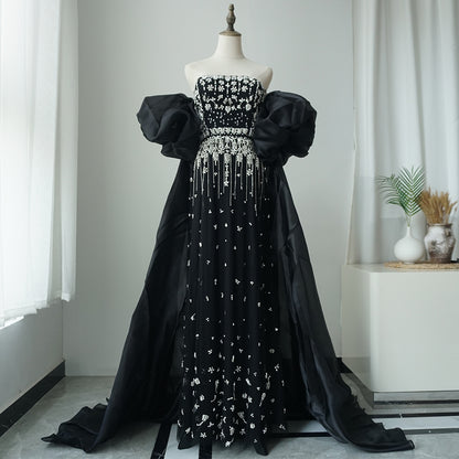 2025 Black Beaded Mermaid Evening Dresses Gowns with Puff Sleeves Overskirt for Formal Occasion