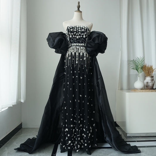 2025 Black Beaded Mermaid Evening Dresses Gowns with Puff Sleeves Overskirt for Formal Occasion