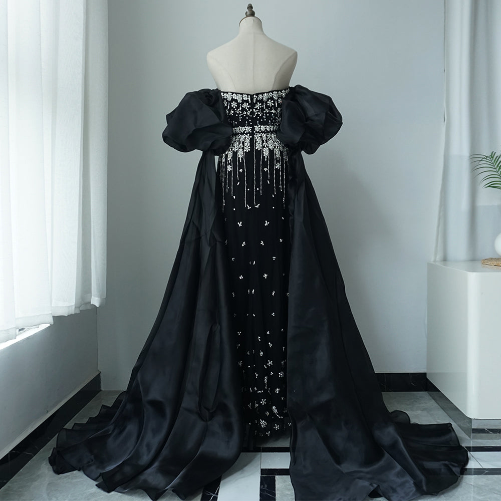 2025 Black Beaded Mermaid Evening Dresses Gowns with Puff Sleeves Overskirt for Formal Occasion