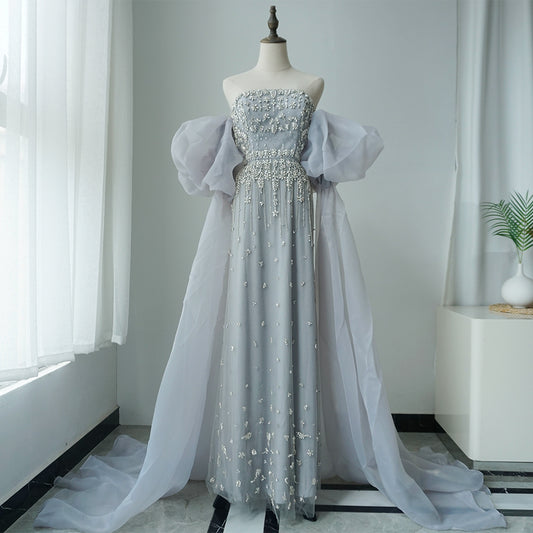 2025 Black Beaded Mermaid Evening Dresses Gowns with Puff Sleeves Overskirt for Formal Occasion