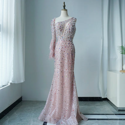 Pink Elegant Mermaid with Skirt Crystal Beaded Feathers Luxury Evening Dress Ladies Wedding Party Dress 2025 ED500608