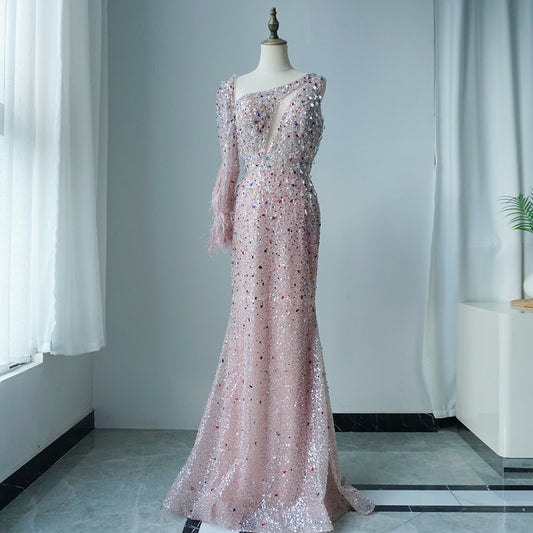 Pink Elegant Mermaid with Skirt Crystal Beaded Feathers Luxury Evening Dress Ladies Wedding Party Dress 2025 ED500608