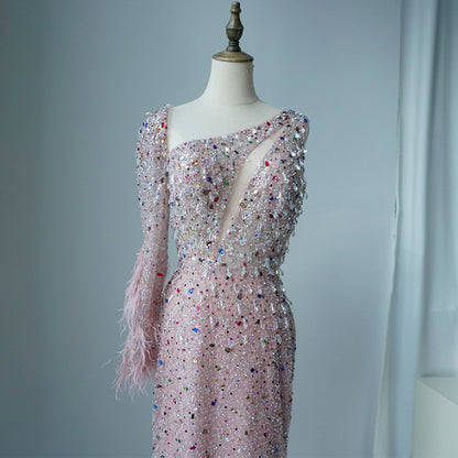 Pink Elegant Mermaid with Skirt Crystal Beaded Feathers Luxury Evening Dress Ladies Wedding Party Dress 2025 ED500608