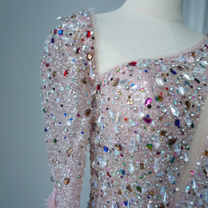 Pink Elegant Mermaid with Skirt Crystal Beaded Feathers Luxury Evening Dress Ladies Wedding Party Dress 2025 ED500608
