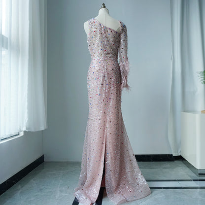 Pink Elegant Mermaid with Skirt Crystal Beaded Feathers Luxury Evening Dress Ladies Wedding Party Dress 2025 ED500608