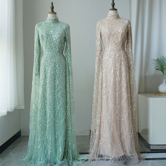 Luxury Dubai Muslim Sage Green Pearls Evening Dress With Cape Plus Size ED500601