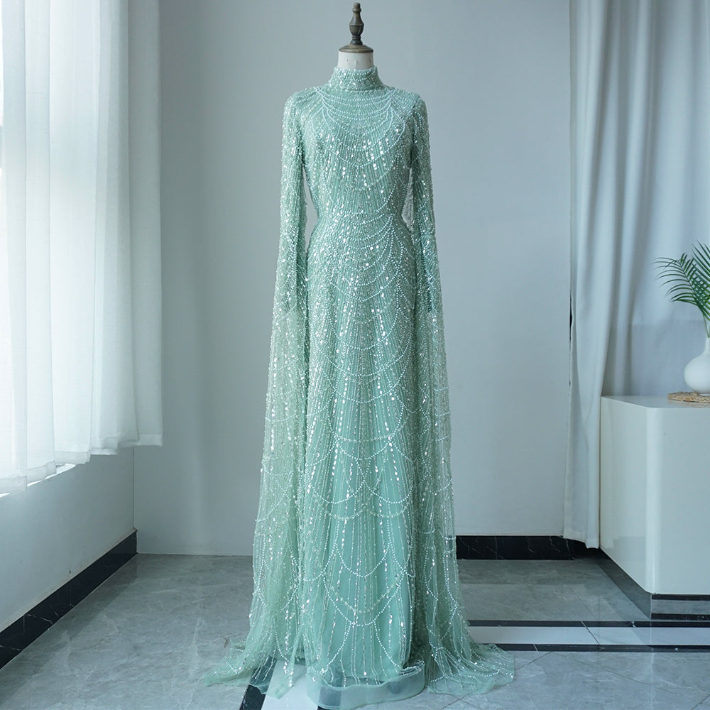 Luxury Dubai Muslim Sage Green Pearls Evening Dress With Cape Plus Size ED500601