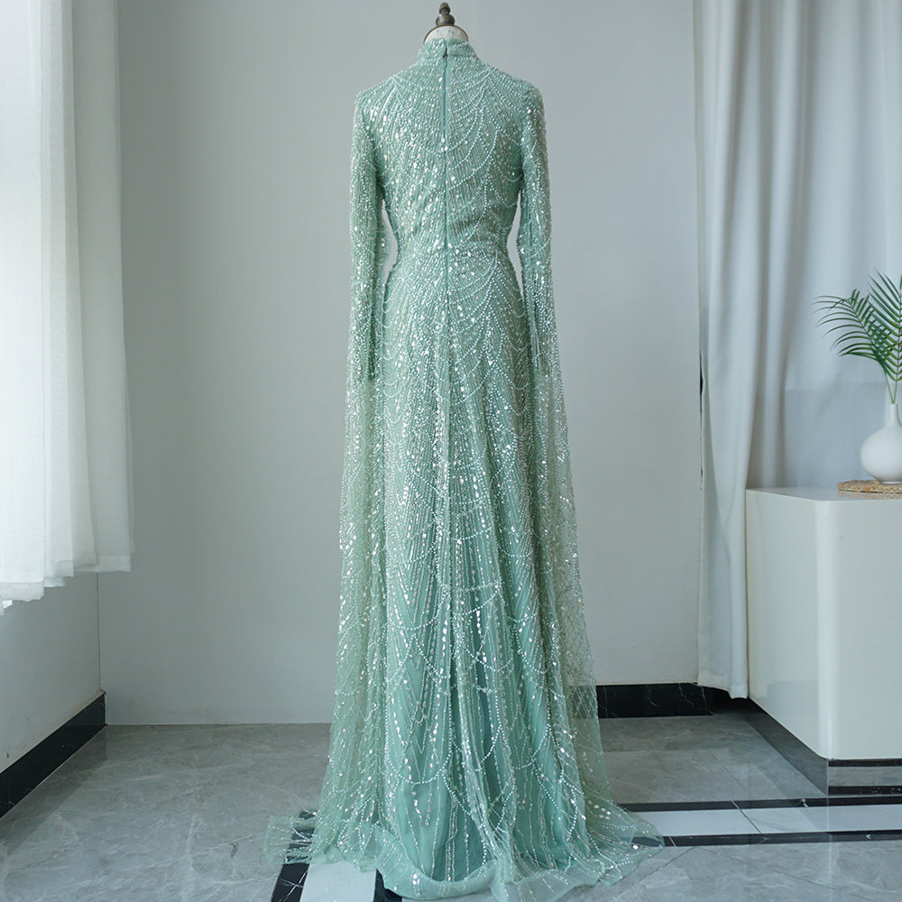 Luxury Dubai Muslim Sage Green Pearls Evening Dress With Cape Plus Size ED500601