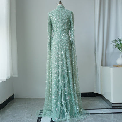 Luxury Dubai Muslim Sage Green Pearls Evening Dress With Cape Plus Size ED500601