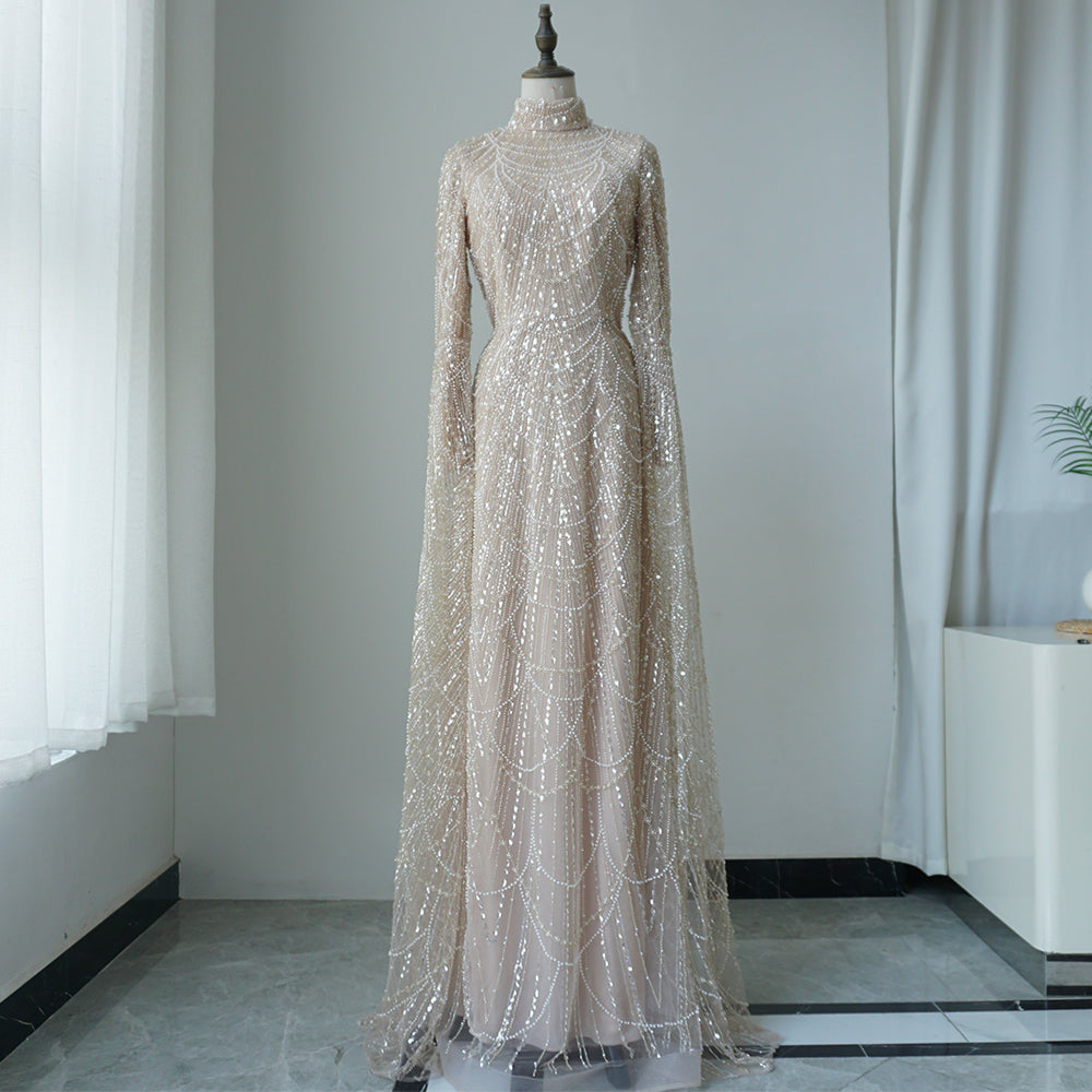 Luxury Dubai Muslim Sage Green Pearls Evening Dress With Cape Plus Size ED500601