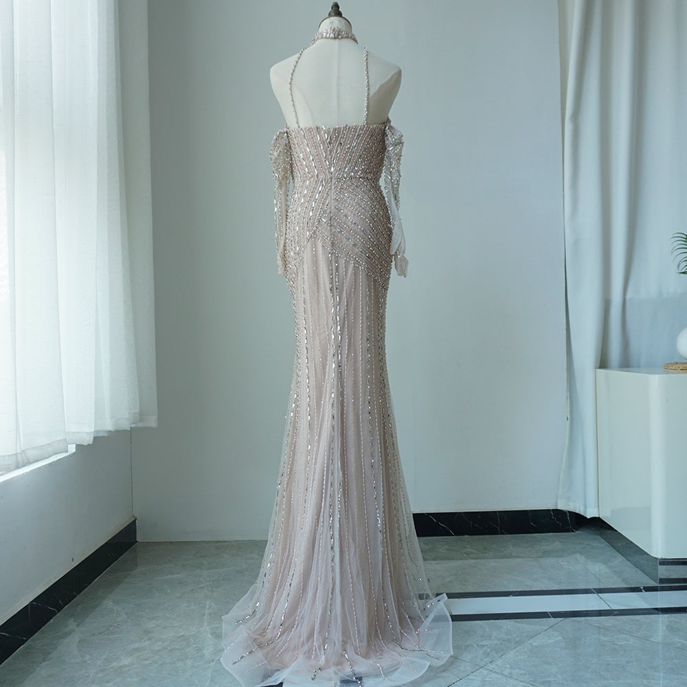 Caramel Mermaid Halter Sleeveless With Gloves Beaded Evening Gowns Elegant Party Dresses For Women ED500607