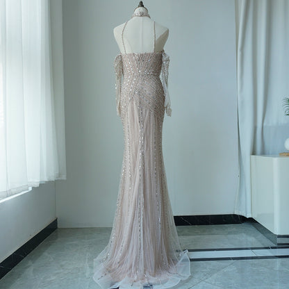 Caramel Mermaid Halter Sleeveless With Gloves Beaded Evening Gowns Elegant Party Dresses For Women ED500607