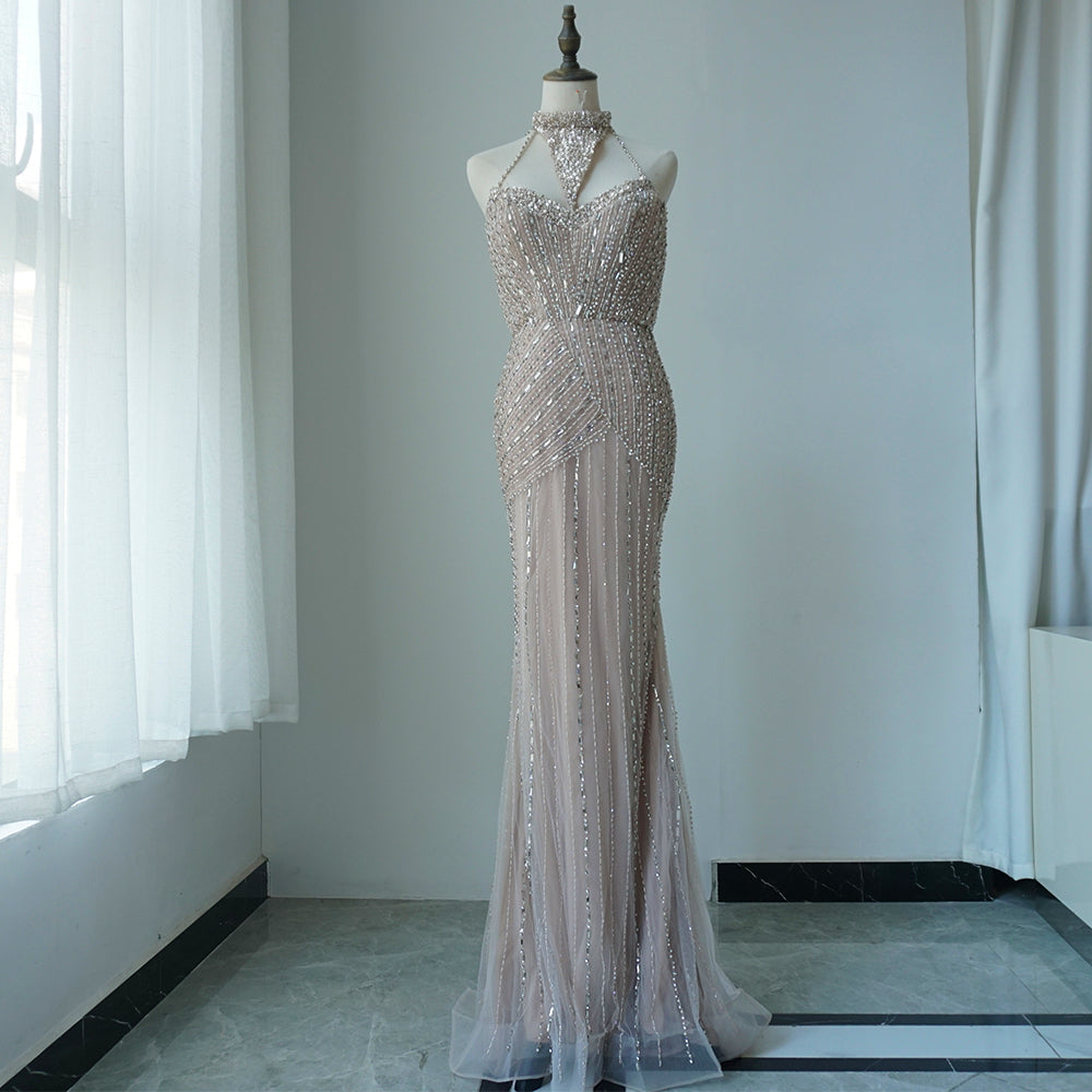Caramel Mermaid Halter Sleeveless With Gloves Beaded Evening Gowns Elegant Party Dresses For Women ED500607