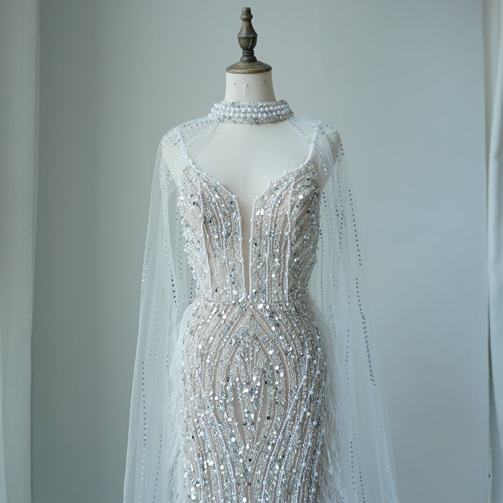 Alacati White Nude Mermaid Spaghetti Strap Beaded Feather Evening Dresses Prom Gowns 2025 For Woman Wedding Party Customized ED500522