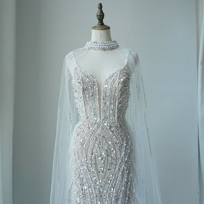 Alacati White Nude Mermaid Spaghetti Strap Beaded Feather Evening Dresses Prom Gowns 2025 For Woman Wedding Party Customized ED500522