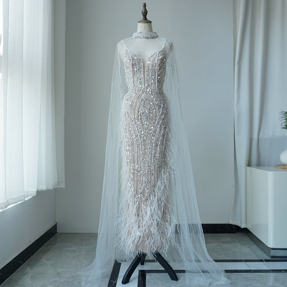Alacati White Nude Mermaid Spaghetti Strap Beaded Feather Evening Dresses Prom Gowns 2025 For Woman Wedding Party Customized ED500522
