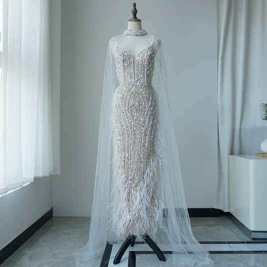Alacati White Nude Mermaid Spaghetti Strap Beaded Feather Evening Dresses Prom Gowns 2025 For Woman Wedding Party Customized ED500522