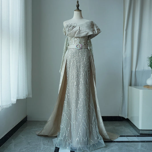 Luxury Arabic Nude Pearls Beaded Evening Dresses Dubai Elegant One Shoulder Women Wedding Party Gowns 2025 ED500605