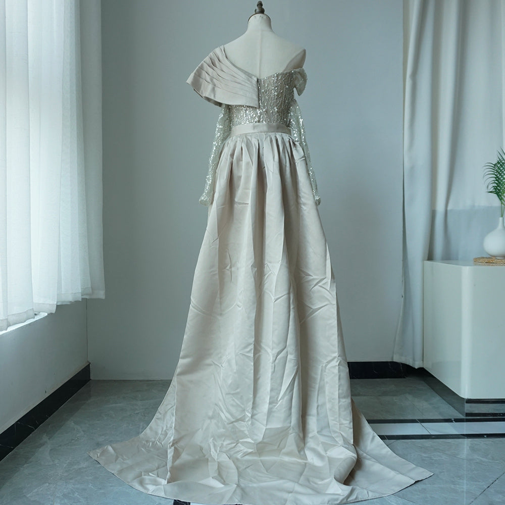 Luxury Arabic Nude Pearls Beaded Evening Dresses Dubai Elegant One Shoulder Women Wedding Party Gowns 2025 ED500605