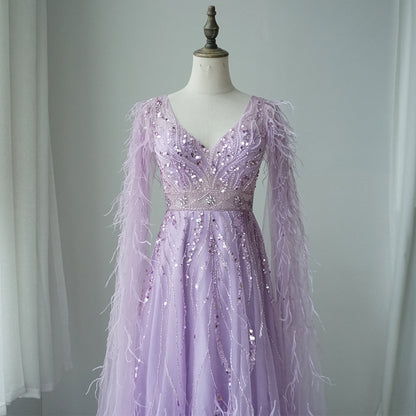 Feathers Nude A-line Evening Dresses with Cape Sleeves ED500604