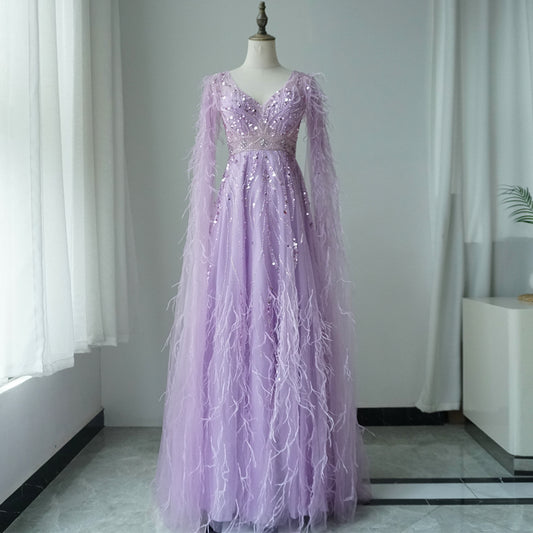 Feathers Nude A-line Evening Dresses with Cape Sleeves ED500604