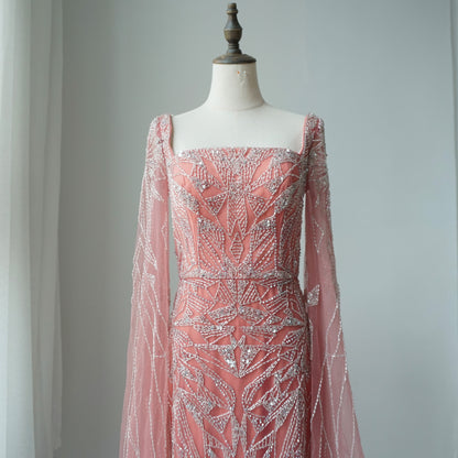 Nude Pink Luxury Evening Dresses with Cape Sleeves ED500614