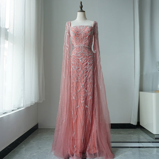 Nude Pink Luxury Evening Dresses with Cape Sleeves ED500614