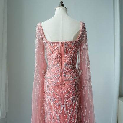 Nude Pink Luxury Evening Dresses with Cape Sleeves ED500614