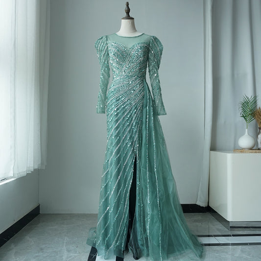 2025 Arabic Turquoise Mermaid Split Beaded Luxury Dubai Long Evening Dresses Gowns for Women Wedding Party ED500615