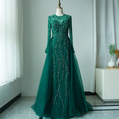 Muslim Green Elegant Mermaid Lace Beaded Luxury Long Evening Dresses Gowns For Women Wedding Party 2025 ED500611