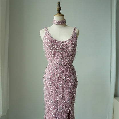 Pink Mermaid Elegant Sleeveless High Split Luxury Dubai Evening Dresses Gowns For Women Wedding Party ED500613