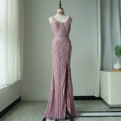 Pink Mermaid Elegant Sleeveless High Split Luxury Dubai Evening Dresses Gowns For Women Wedding Party ED500613