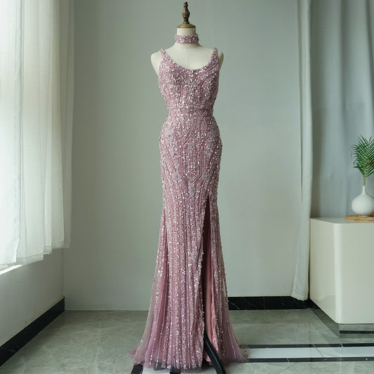 Pink Mermaid Elegant Sleeveless High Split Luxury Dubai Evening Dresses Gowns For Women Wedding Party ED500613