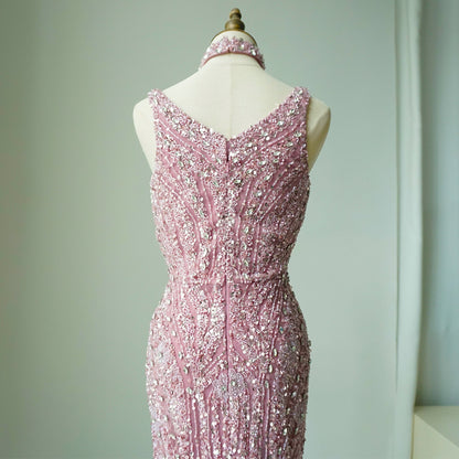 Pink Mermaid Elegant Sleeveless High Split Luxury Dubai Evening Dresses Gowns For Women Wedding Party ED500613