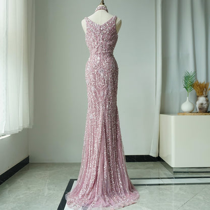 Pink Mermaid Elegant Sleeveless High Split Luxury Dubai Evening Dresses Gowns For Women Wedding Party ED500613