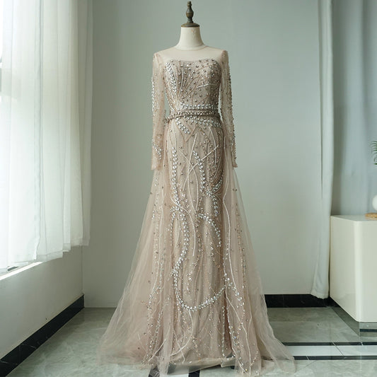 2025 Arabic Nude Elegant Mermaid Evening Gowns with Beaded Skirt Lace-Up for Women's Wedding Party ED500612