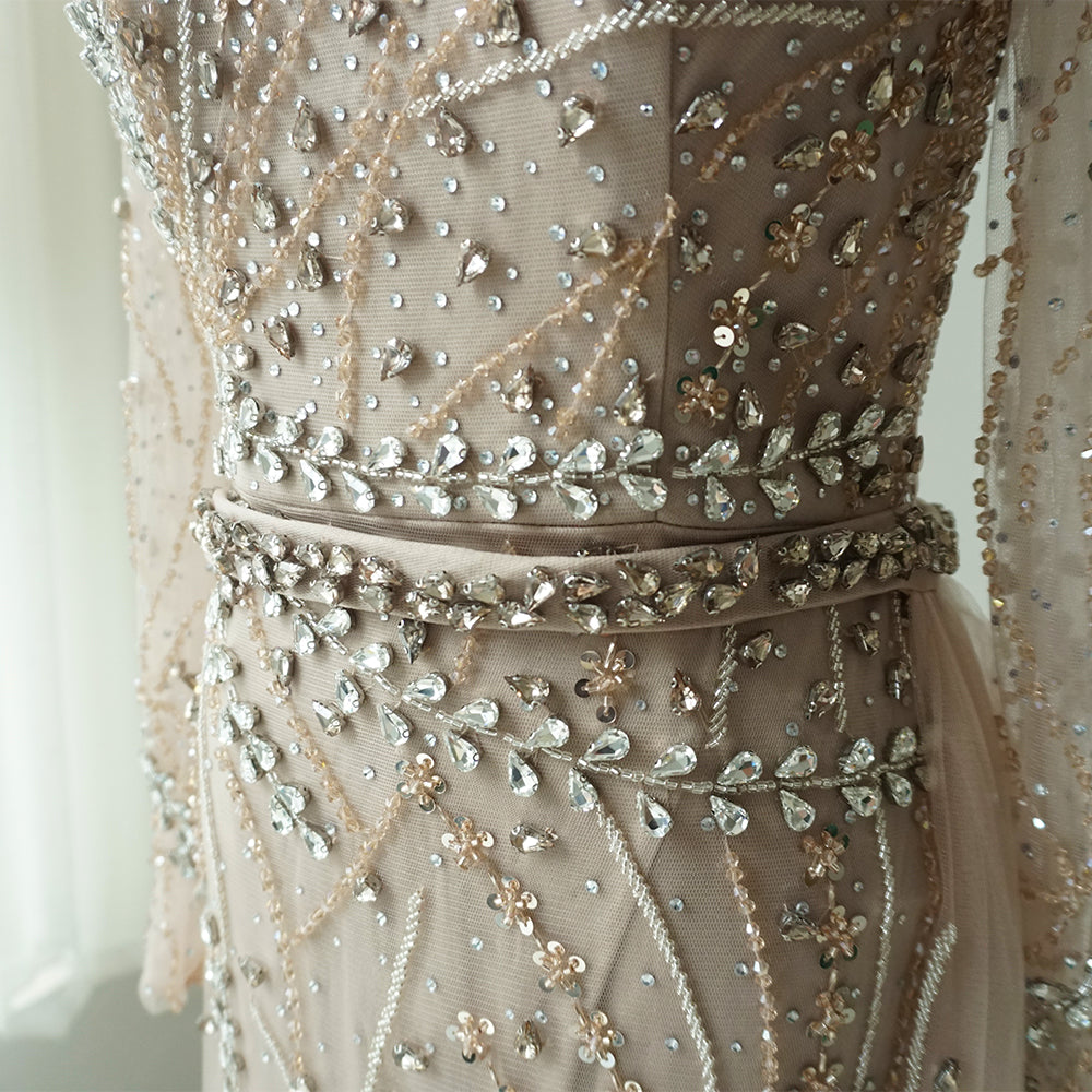 2025 Arabic Nude Elegant Mermaid Evening Gowns with Beaded Skirt Lace-Up for Women's Wedding Party ED500612