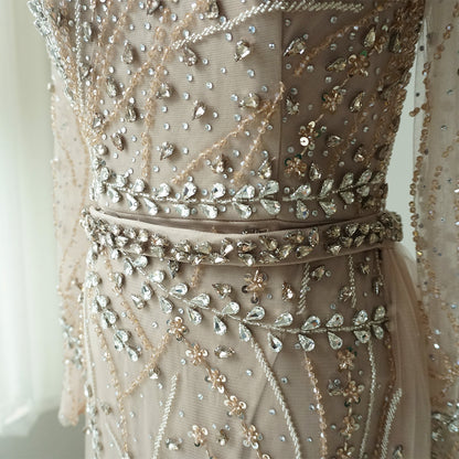 2025 Arabic Nude Elegant Mermaid Evening Gowns with Beaded Skirt Lace-Up for Women's Wedding Party ED500612