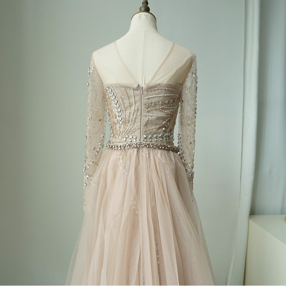 2025 Arabic Nude Elegant Mermaid Evening Gowns with Beaded Skirt Lace-Up for Women's Wedding Party ED500612