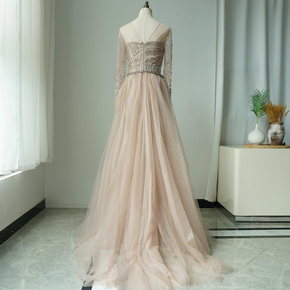 2025 Arabic Nude Elegant Mermaid Evening Gowns with Beaded Skirt Lace-Up for Women's Wedding Party ED500612