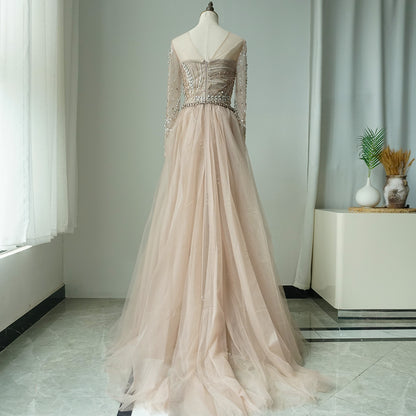 2025 Arabic Nude Elegant Mermaid Evening Gowns with Beaded Skirt Lace-Up for Women's Wedding Party ED500612