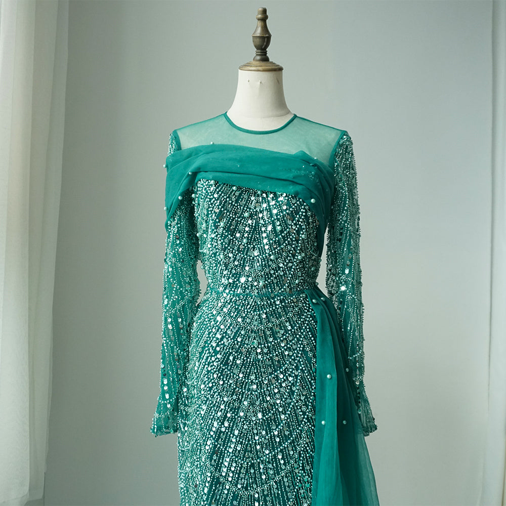 Luxury Champagne Mermaid Long Sleeves Arabic Evening Dress ED500610