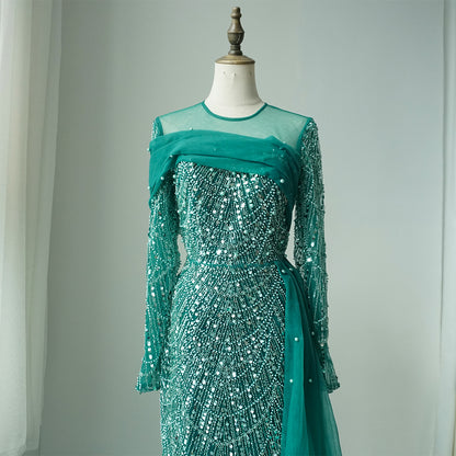 Luxury Champagne Mermaid Long Sleeves Arabic Evening Dress ED500610