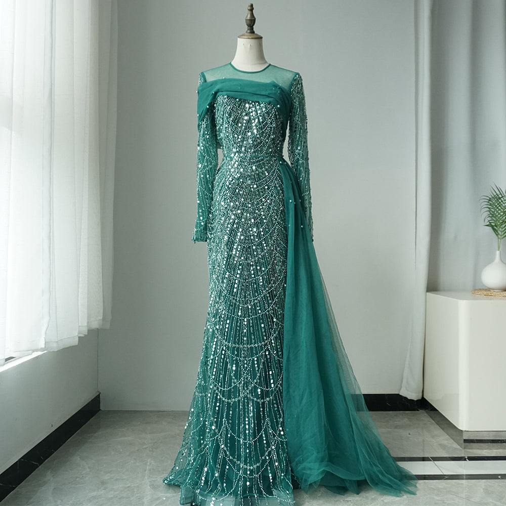 Luxury Champagne Mermaid Long Sleeves Arabic Evening Dress ED500610
