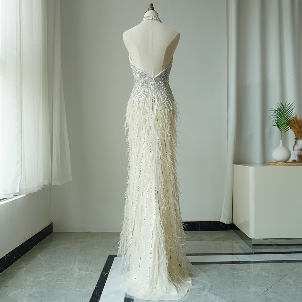 Feathers Mermaid Silver Gray Evening Dress Formal Party Gown LA70623A